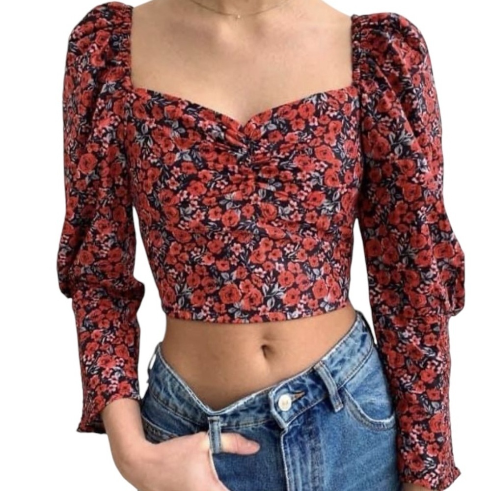 NWOT Zara Multicolor Floral Print Cropped Puffed 3/4 Sleeves Top Size S